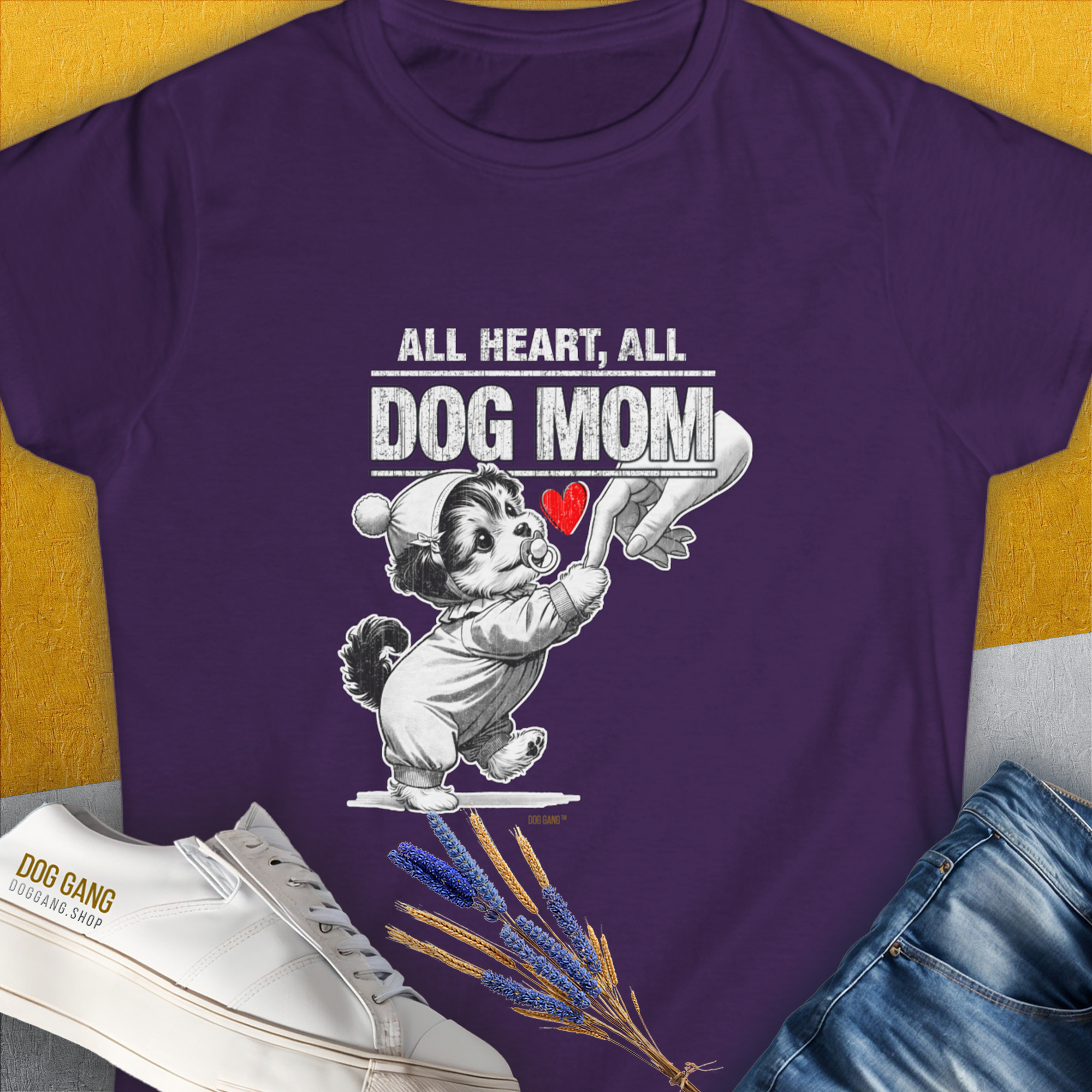Purple Dog Mom Series, Volume 9 features All Heart, All Dog Mom text with a cute dog graphic. Perfect for any dog lover. Designed by Dog Gang.