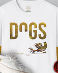 Volume 4 unisex t-shirt features a DOGS graphic with a cute cartoon dog, perfect for any dog lover. Designed by Dog Gang.