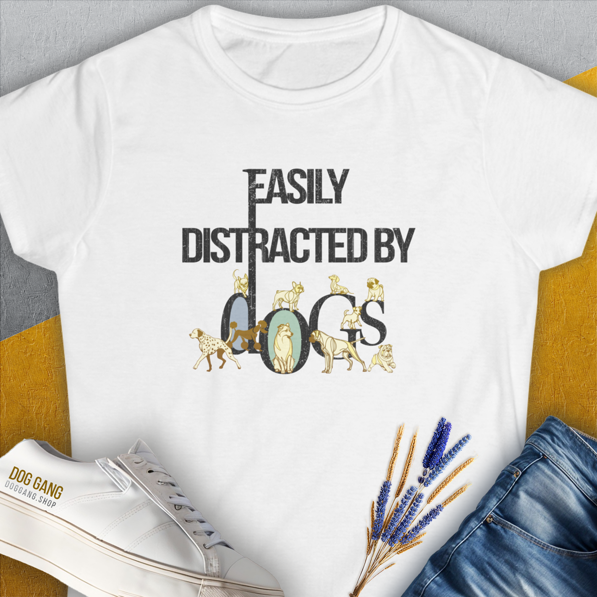 Easily Distracted By Dogs Series, Volume 1, Women's T-Shirt-White. For dog lovers and dog owners. Design by Dog Gang