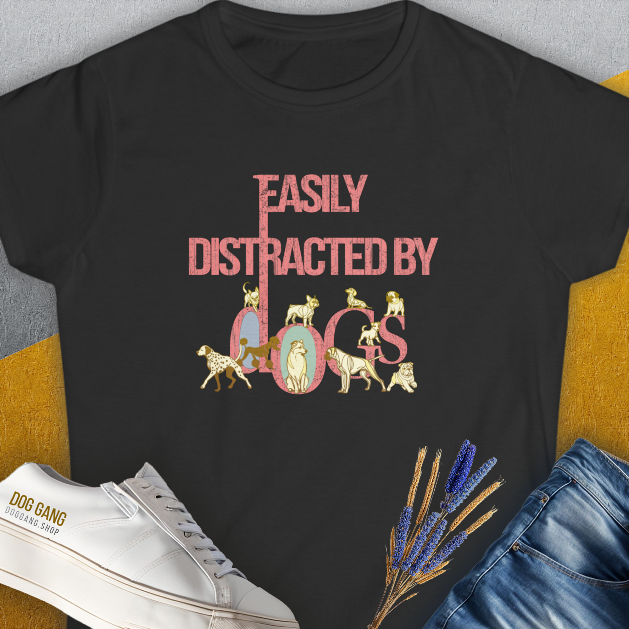 Easily Distracted By Dogs Series, Volume 2, Women's T-Shirt-Black. A perfect gift for dog lovers and dog owners. Design by Dog Gang