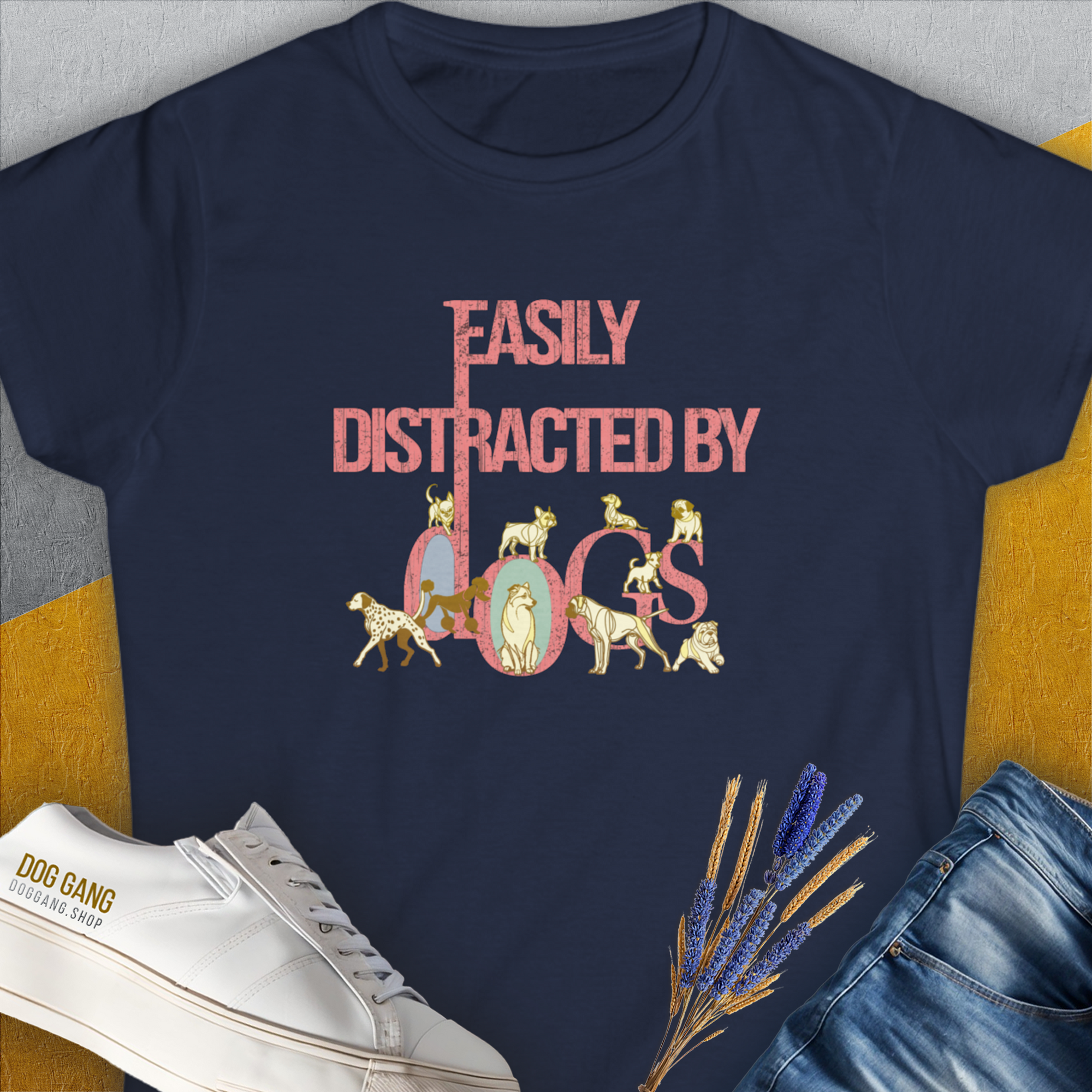 Easily Distracted By Dogs Series, Volume 2, Women's T-Shirt-Navy, a cool and stylish design with a funny saying from Dog Gang
