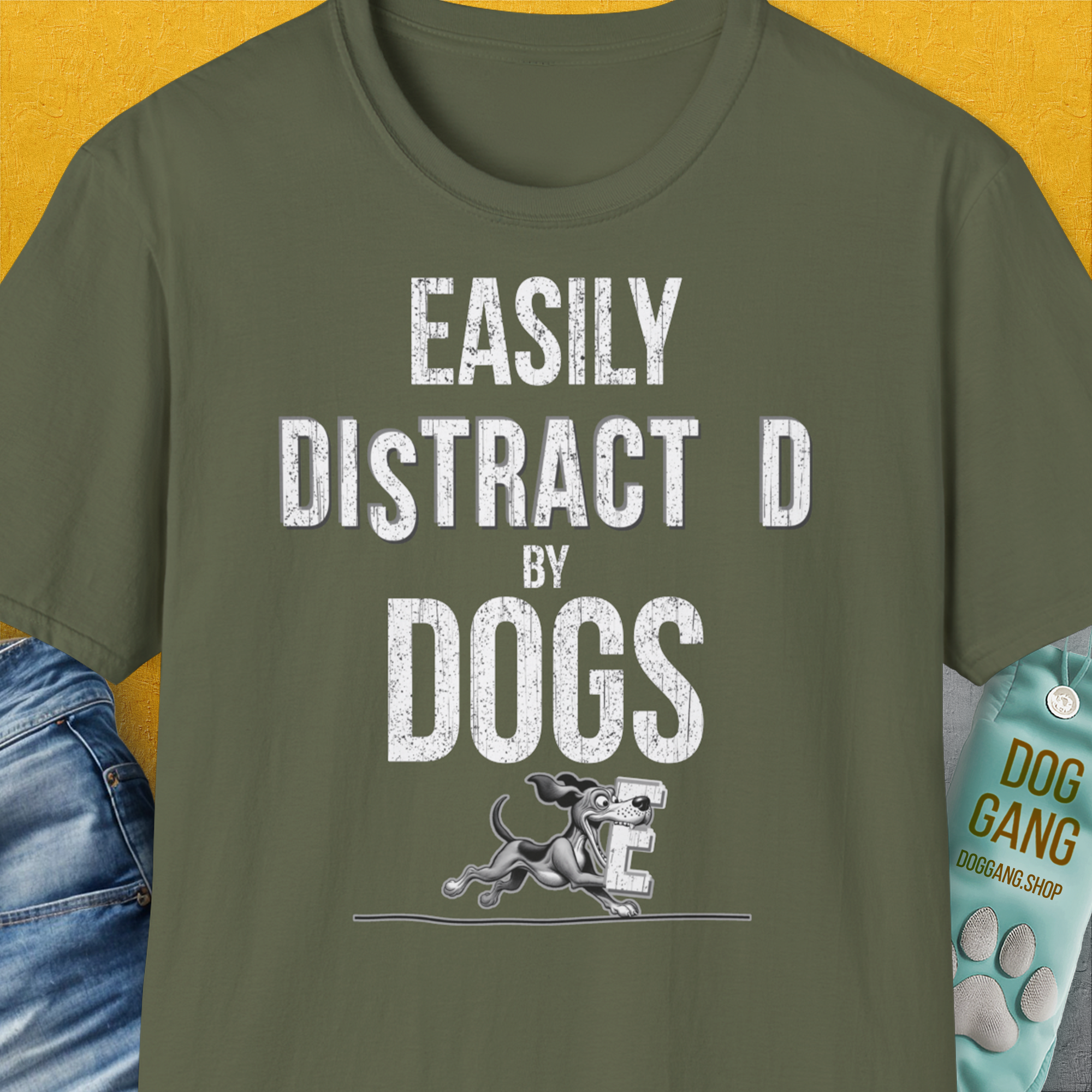 Easily Distracted By Dogs Series, Volume 3, Unisex T-Shirt-Military Green, Design by Dog Gang