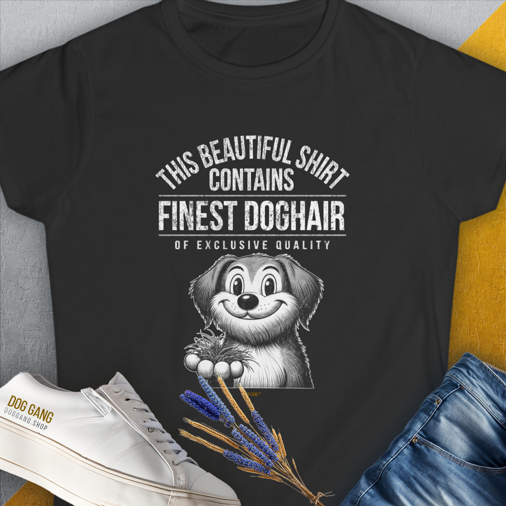 This Beautiful Shirt Contains Finest Dog Hair Of Exclusive Quality, Volume 1, Women's T-Shirt-Black. A perfect gift for dog lovers and dog owners. Design by Dog Gang