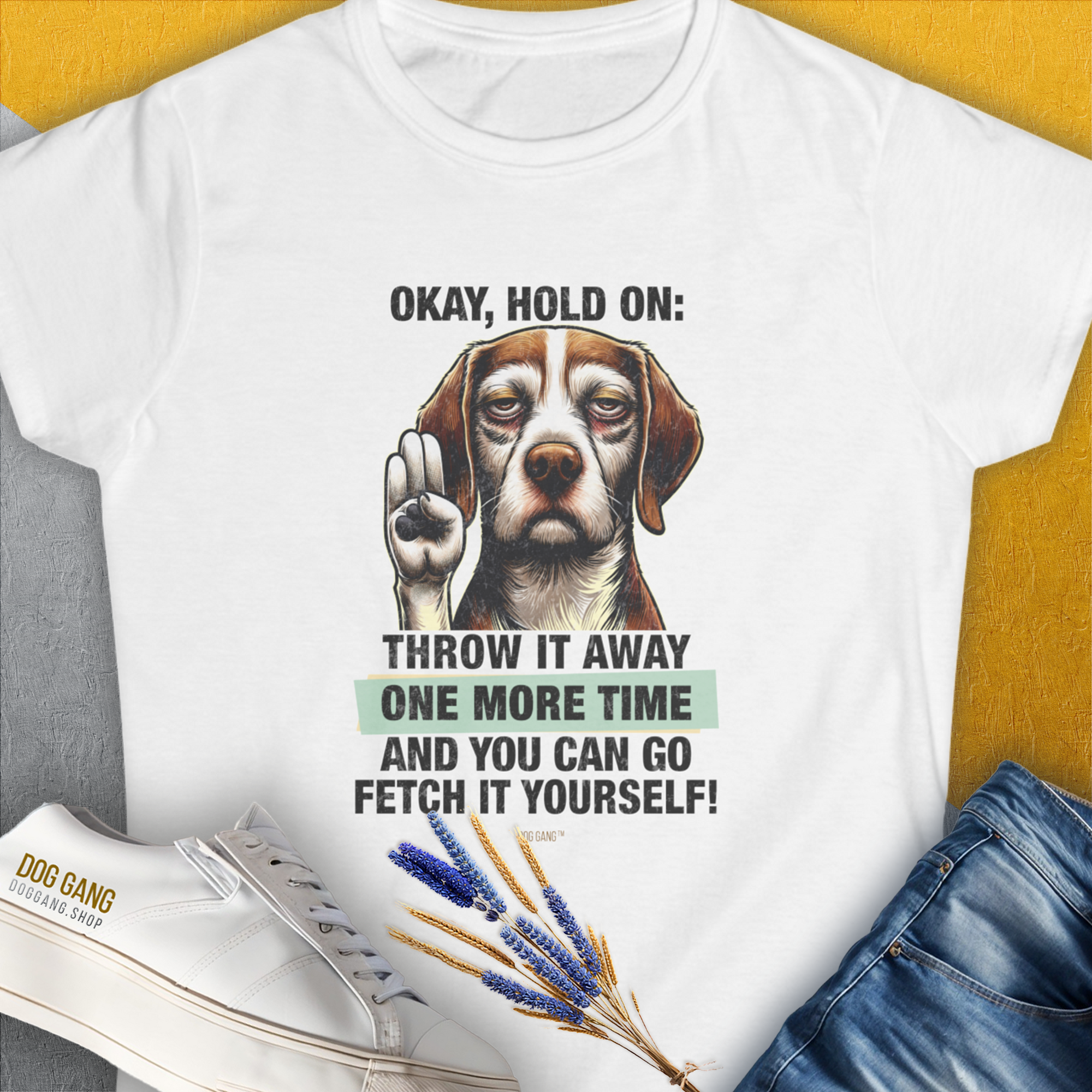 Funny dog shirt with an illustrated pup and the text Go Fetch It Yourself. Perfect for a dog lover. Designed by Dog Gang.
