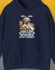 Navy dog-themed hoodie with a cute Labrador Retriever illustration and funny text Go Fetch It Yourself. Made from comfy cotton-polyester blend. Designed by Dog Gang.
