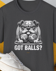 The Got Balls? Volume 4 Unisex T-Shirt features a bulldog graphic with the playful text Got Balls?. A funny dog shirt for any casual outing. Designed by Dog Gang.