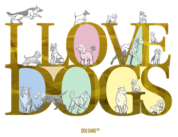Illustration of various dog breeds, each within outlined letter shapes spelling DOGS in bold yellow text. The dogs are depicted in different poses, some sitting and others standing, across colorful oval backgrounds.