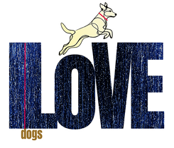 The image features large, textured letters spelling LOVE with a dog leaping over the O. The word dogs is written in smaller text below the L. The dog has a red collar and is depicted in a simple, cartoon style.