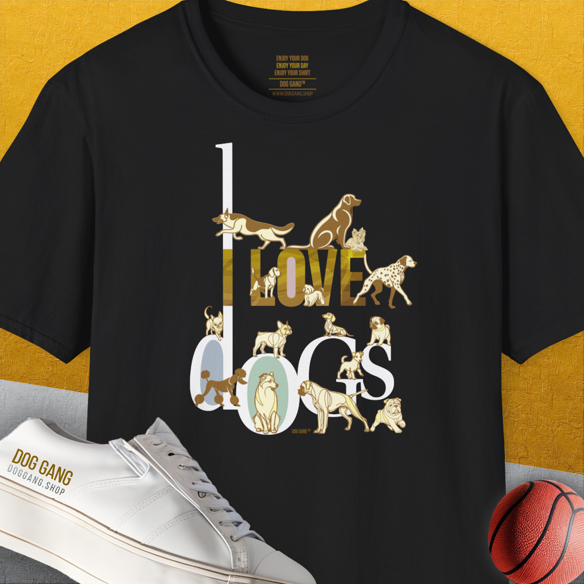 I Love Dogs - Series I, Volume 1, Unisex T-Shirt-Black. A perfect gift for dog lovers and dog owners. Design by Dog Gang