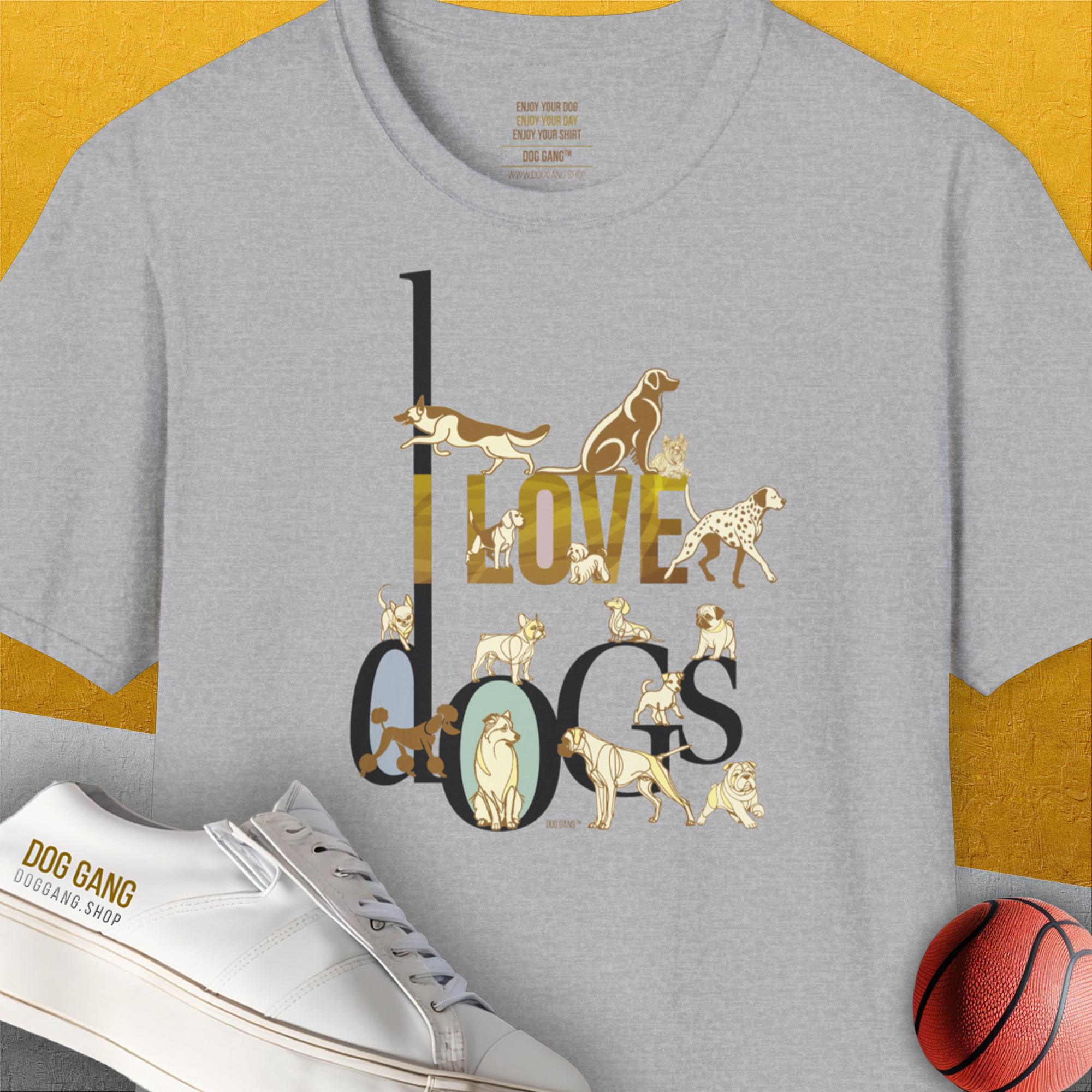 I Love Dogs - Series I, Volume 1, Unisex T-Shirt-Sport Grey. A perfect gift for dog lovers and dog owners. Design by Dog Gang