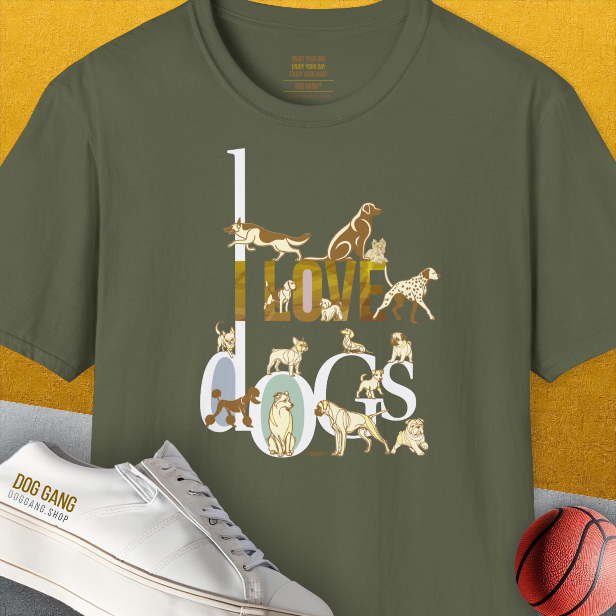 I Love Dogs - Series I, Volume 1, Unisex T-Shirt-Military Green, Design by Dog Gang