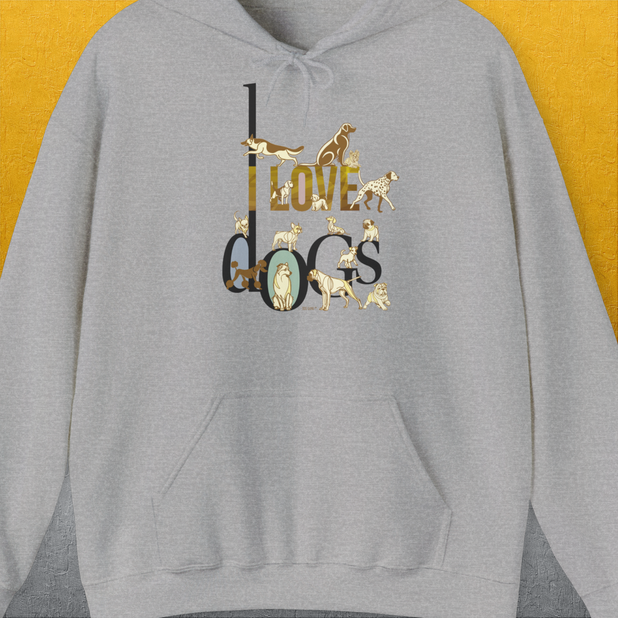 I Love Dogs - Series I, Volume 1, Unisex Hoodie-Sport Grey. A perfect gift for dog lovers and dog owners. Design by Dog Gang