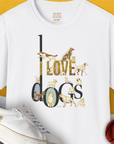 The I Love Dogs - Series I, Volume 1, Unisex T-Shirt is a white and soft-style tee that perfectly showcases the text I LOVE DOGS in an ornate gold / brown style, featuring illustrations of various dog breeds: a Dalmatian, a Golden Retriever, a Pug, a Poodle, Dachshund, French Bulldog, English Bulldog, Chihuahua, Husky and more. Designed in Switzerland by Dog Gang.