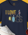 The unisex t-shirt boasts a vibrant basketball design with the phrase I Love Dogs - Series I, Volume 2 in bold lettering. A must-have for any dog lover. Designed by Dog Gang.