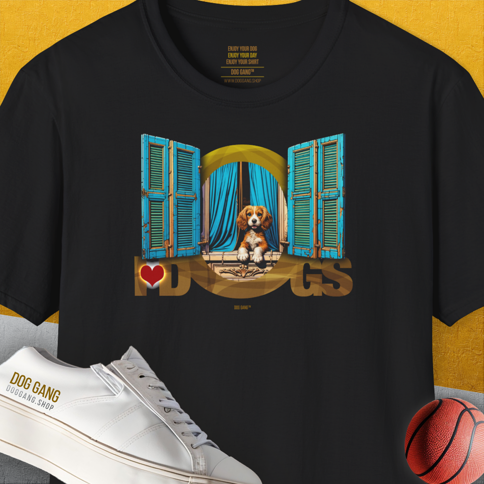 This unisex black T-shirt features a cute puppy looking out of a window with the saying I Love Dogs. From the legendary &quot;I Love Dogs&quot;-Series I, Volume 8. A perfect gift for dog lovers. Designed by Dog Gang.