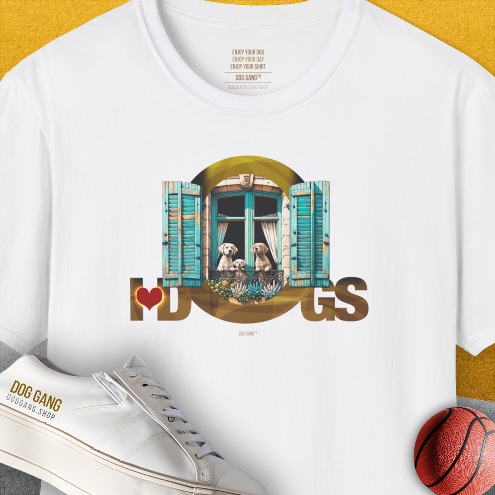 Dog lover shirt: The I ❤️ DOGS design shows two playful dogs at a window, offering a cute dog design for any dog person. Volume 9 from the famous *I love dogs&quot;-series, designed by Dog Gang.