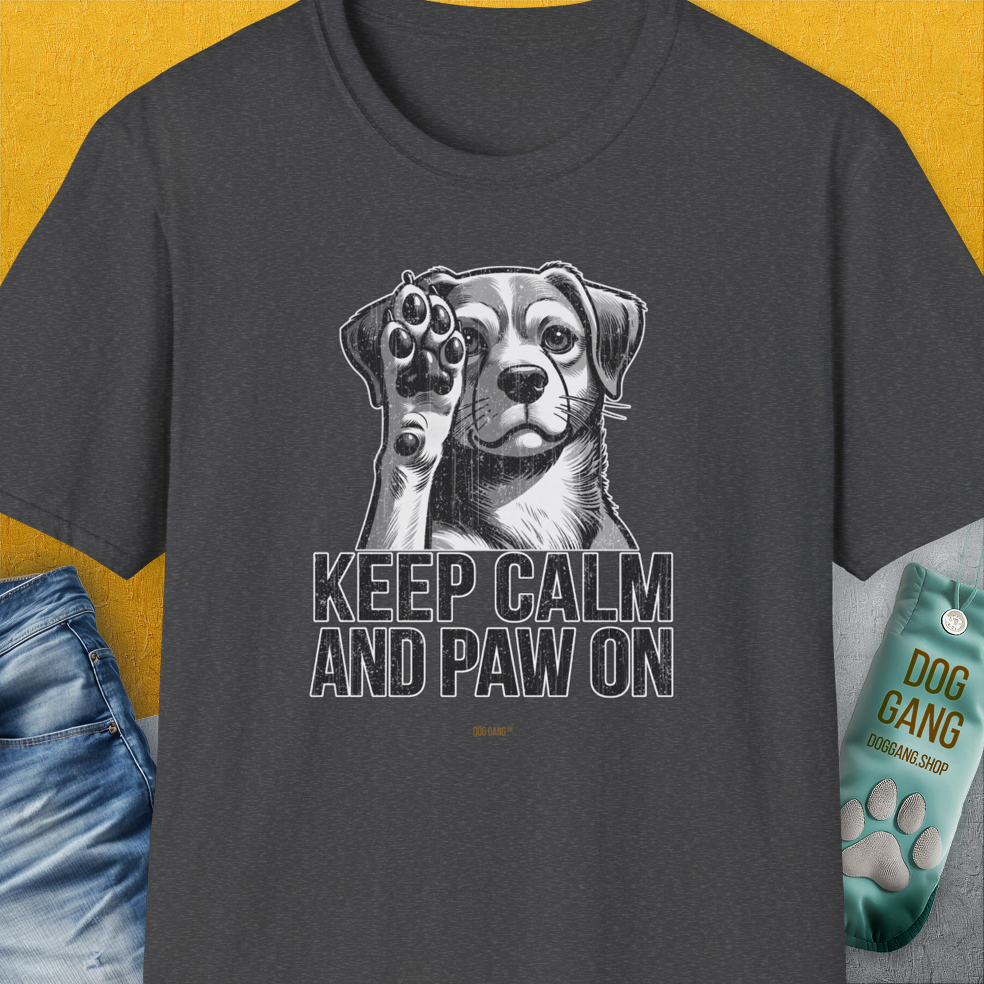 Keep Calm And Paw On, Volume 1, Unisex T-Shirt-Dark Heather, Design by Dog Gang