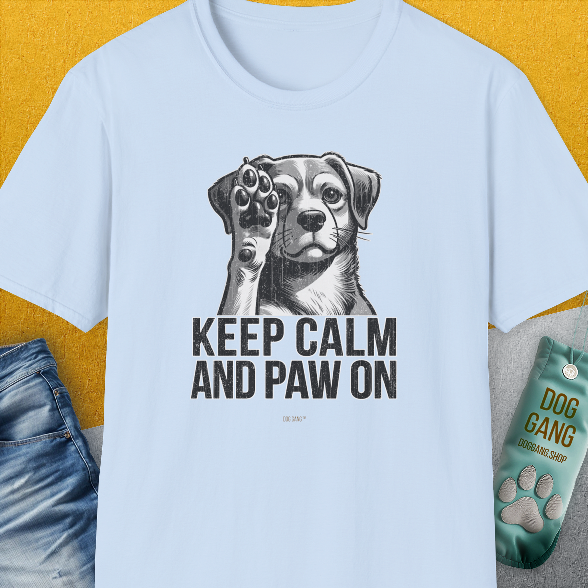 Keep Calm And Paw On, Volume 1, Unisex T-Shirt-Light Blue, Design by Dog Gang