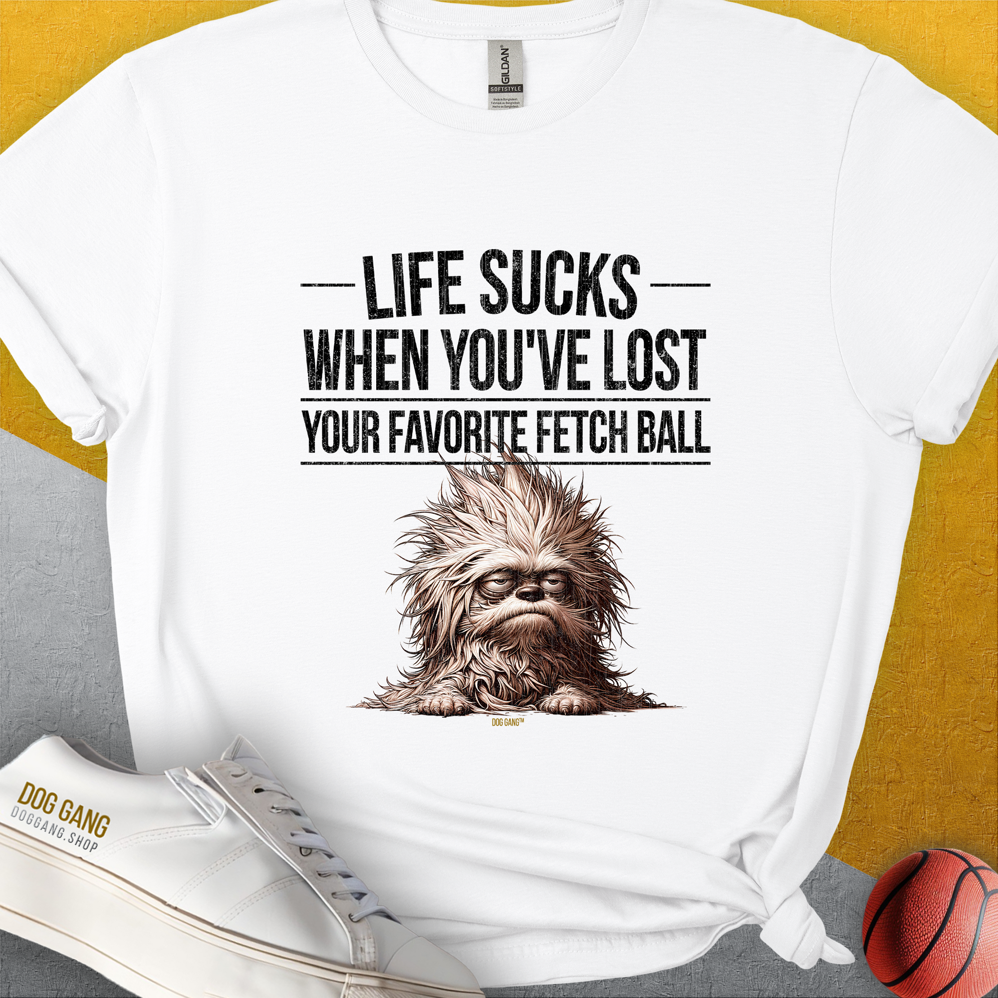 Life Sucks When Youve Lost Your Favorite Fetch Ball, Volume 3 T-shirt features a scruffy dog design and cheeky text, perfect for any dog lover. Designed by Dog Gang.