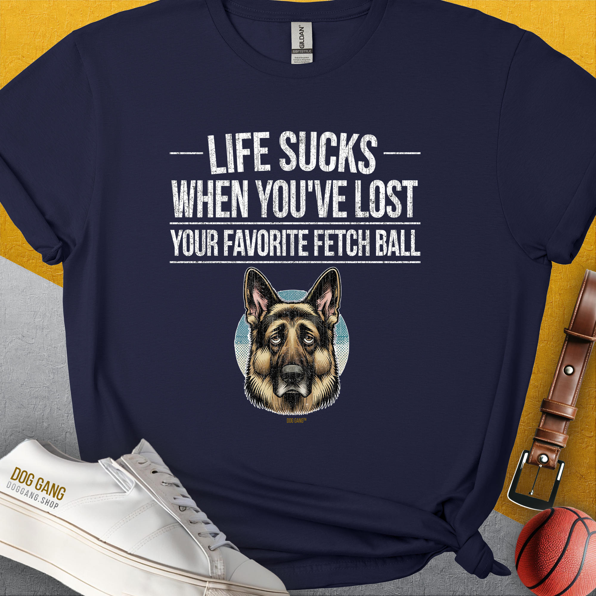 Navy tee with a German Shepherd and Life Sucks When Youve Lost Your Favorite Fetch Ball, Volume 4 text. Perfect for dog owners seeking a funny dog shirt. Designed by Dog Gang.
