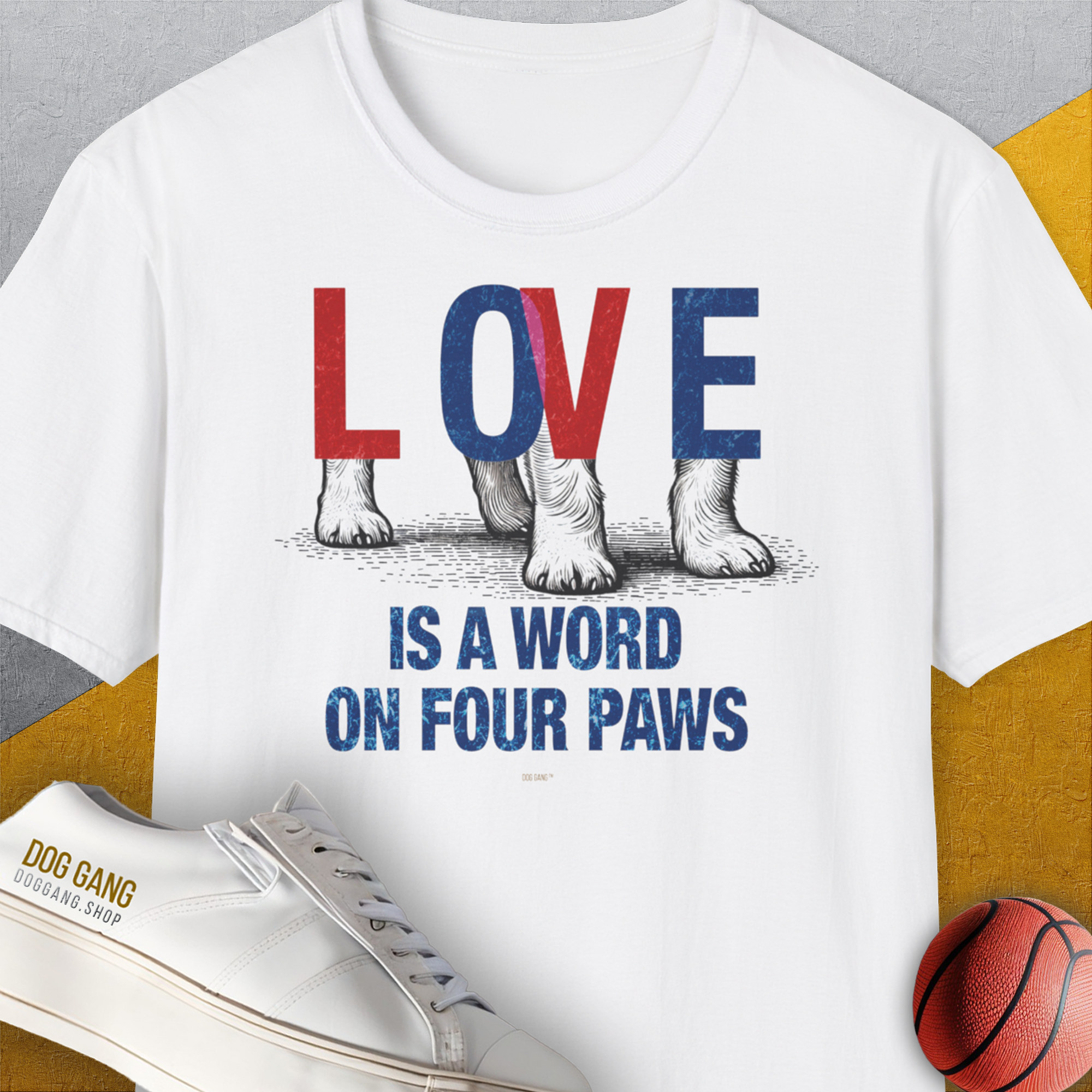 The Love Is A Word On Four Paws, Volume 1 T-shirt displays a cute dog design perfect for any dog lover. Designed by Dog Gang.