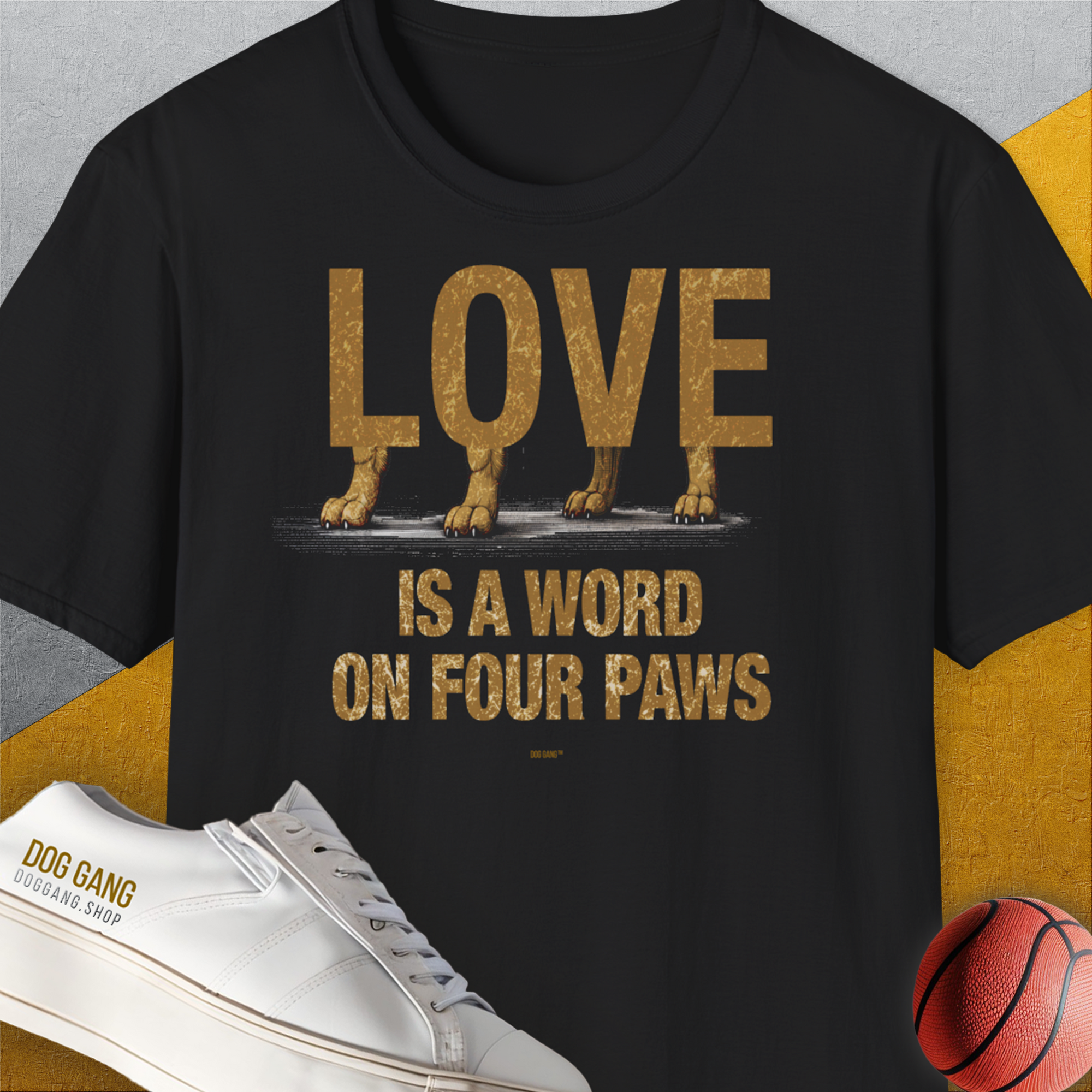 The Love Is A Word On Four Paws, Volume 2, Unisex T-Shirt features an endearing quote styled with adorable dog paws integrated into the lettering. Perfect for any dog lover. Designed by Dog Gang.