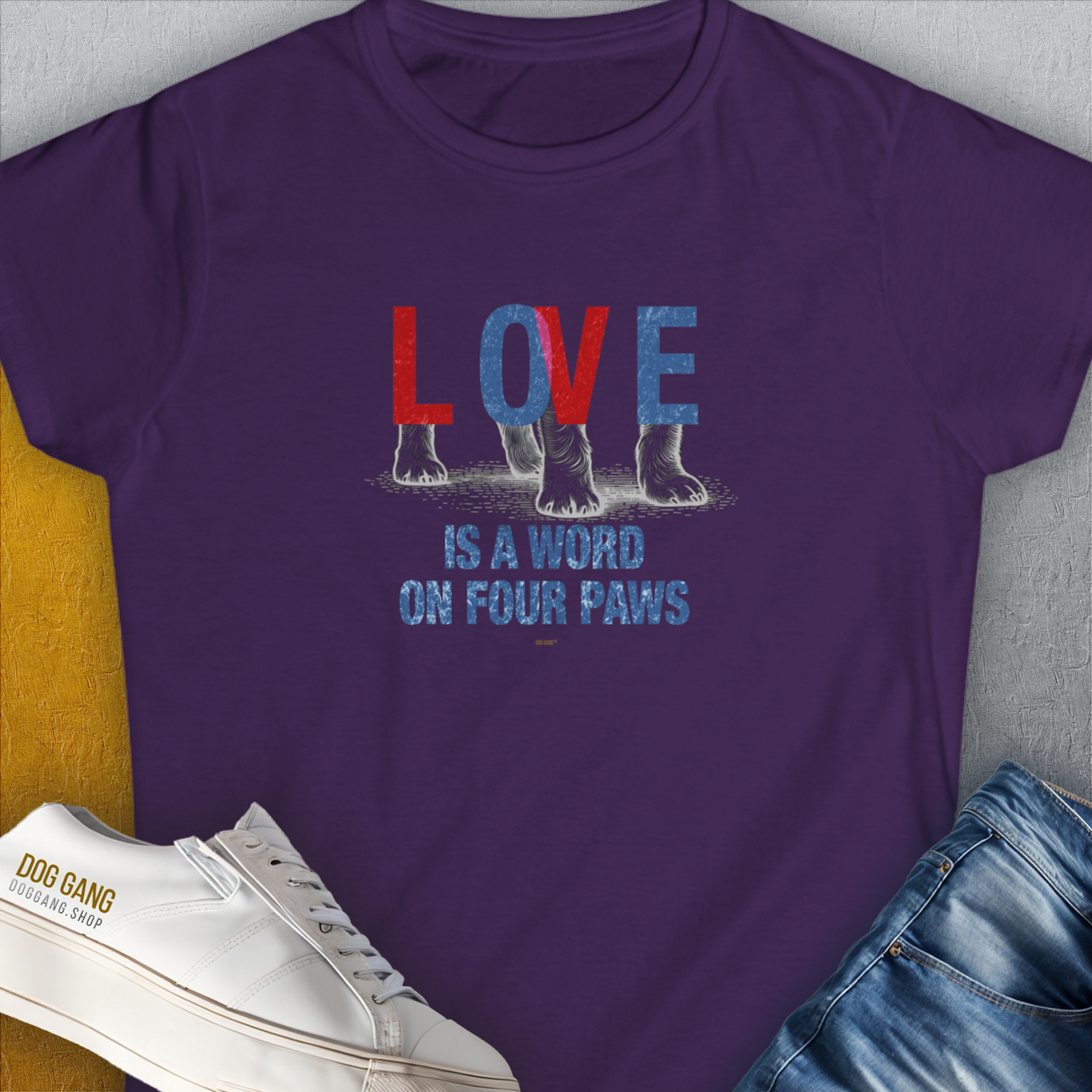 Love Is A Word On Four Paws, Volume 1, Women's T-Shirt-Purple. A dog-themed Design from Dog Gang