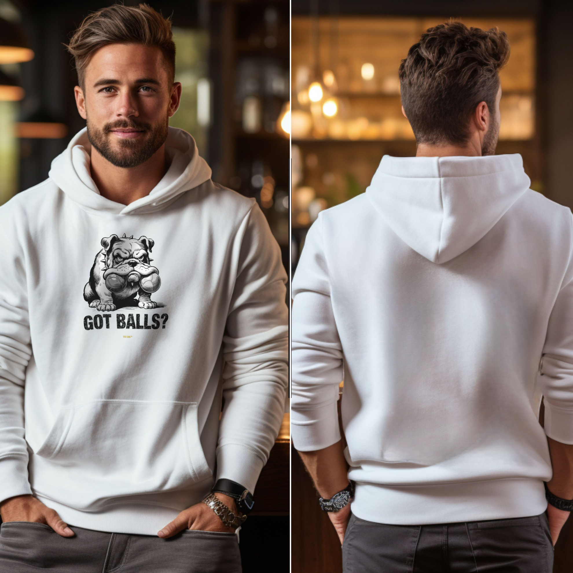 The image shows a man wearing a white hoodie with the text GOT BALLS? and a graphic of a bulldog holding two baseballs. The image displays both the front and back of the hoodie, with the front featuring the design.