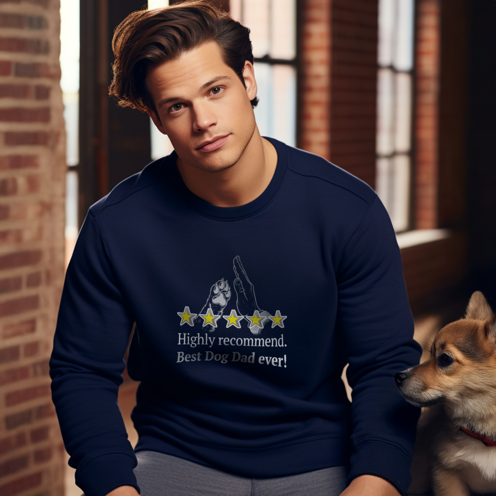 Man sitting indoors wearing a navy sweatshirt with the text Highly recommend. Best Dog Dad ever! and five stars. A dog sits next to him. Brick walls and windows are in the background.