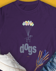Purple tee with a fun dog and balloons design, featuring white shoes and DOG GANG text. Perfect for a dog lover. Designed by Dog Gang.