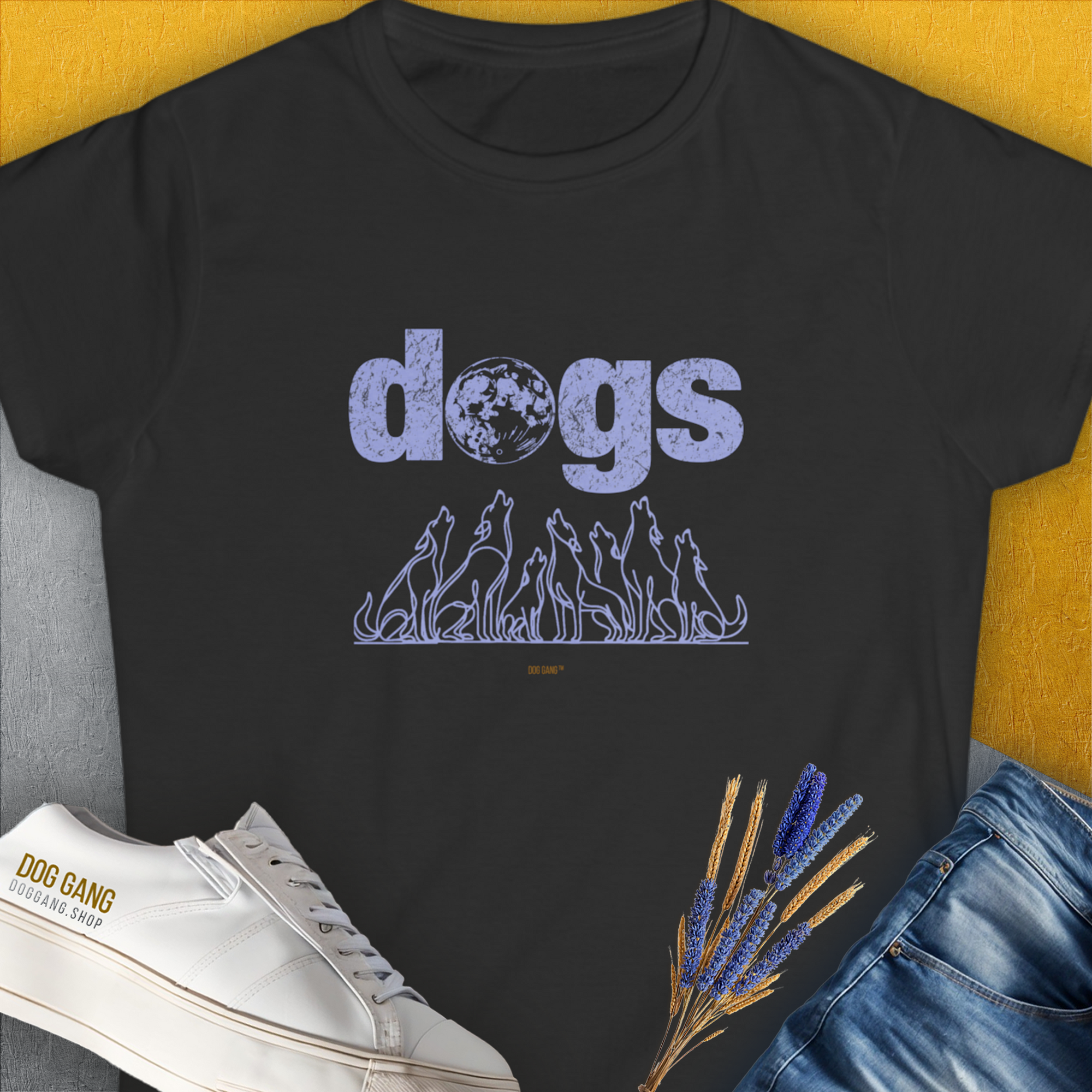 The Dog Gang Minimalistic Series II, Volume 3, Womens T-Shirt features dogs with dog silhouettes on black 100% ringspun cotton for a semi-fitted look. Designed by Dog Gang.