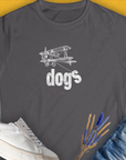 Dog-themed tee featuring dogs and a vintage plane in yellow. Perfect for any dog lover. Designed by Dog Gang.