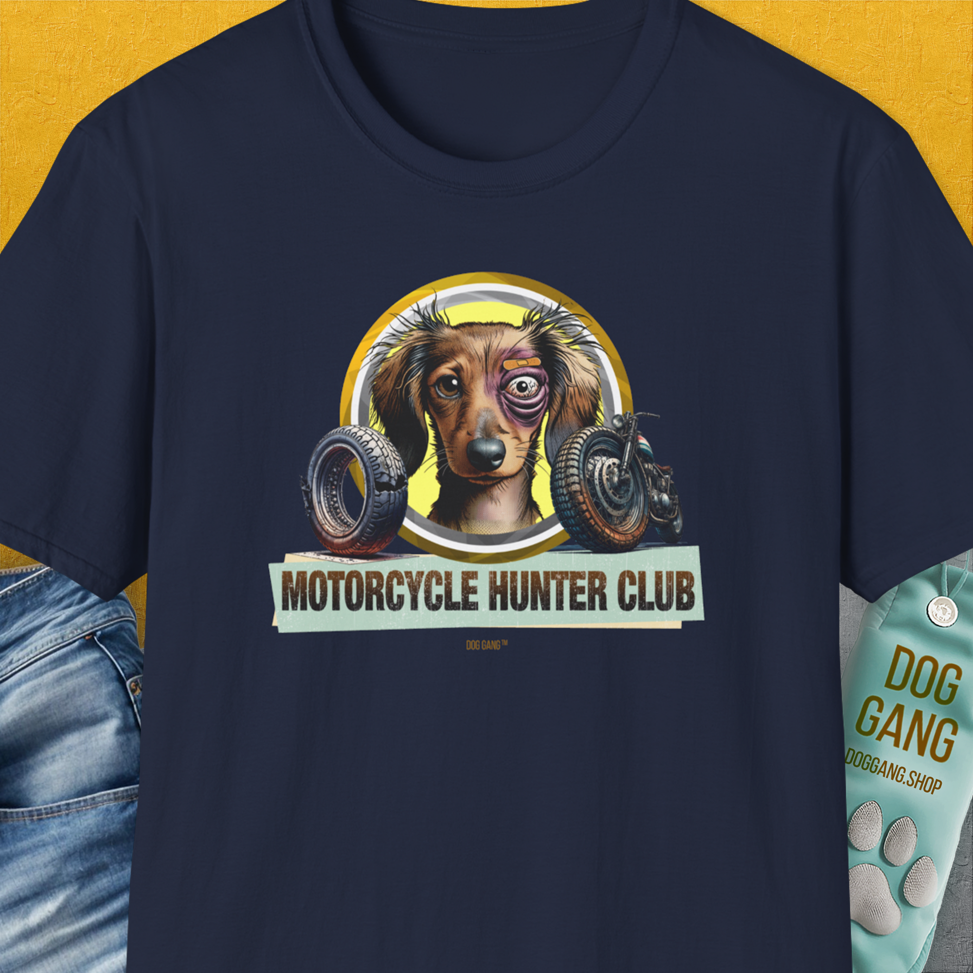 Motorcycle Hunter Club, Volume 5 (Dackel / Dachshund), Unisex T-Shirt-Navy, Design by Dog Gang