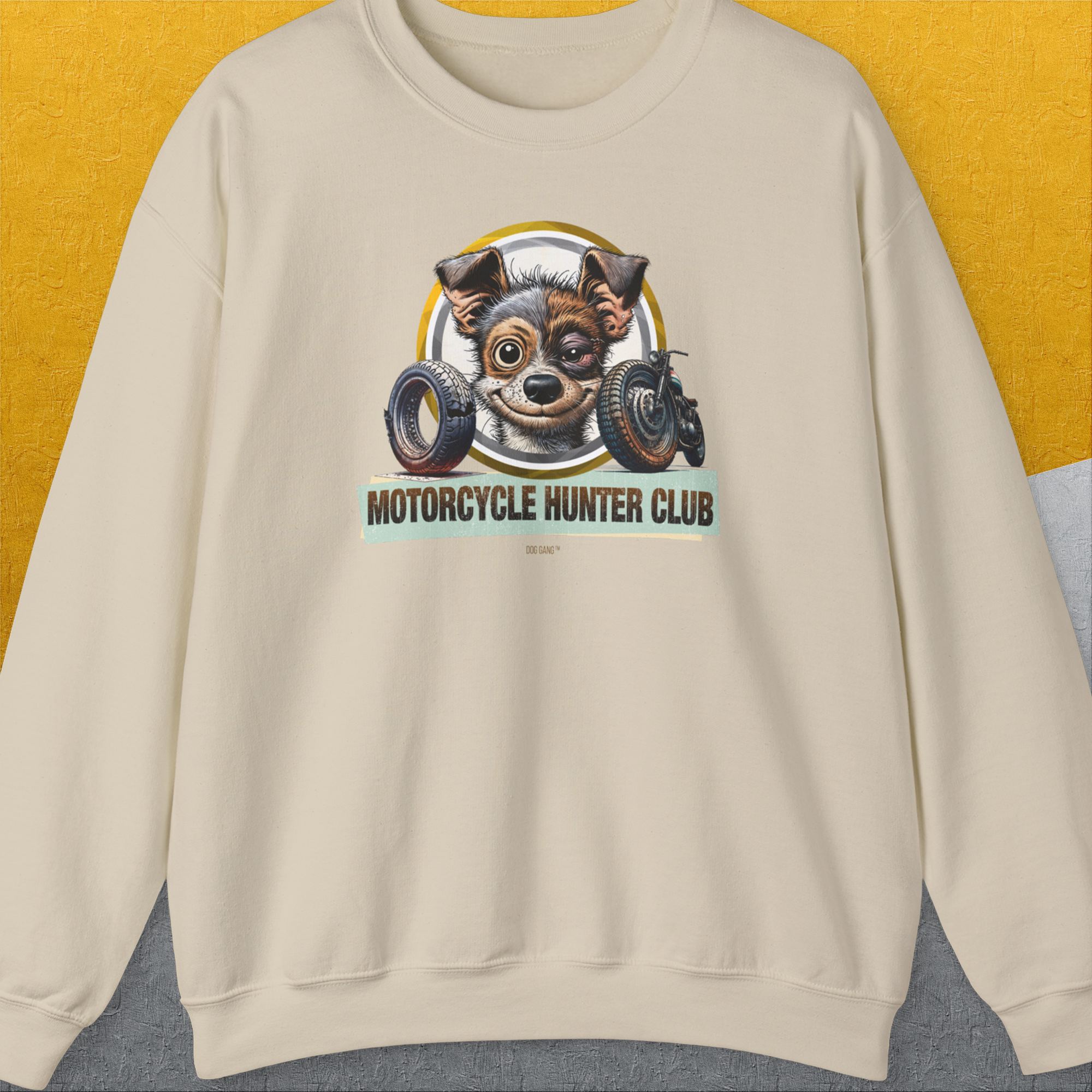 Motorcycle Hunter Club, Volume 1, Unisex Sweatshirt-Sand. A perfect gift for dog lovers and dog owners. Design by Dog Gang