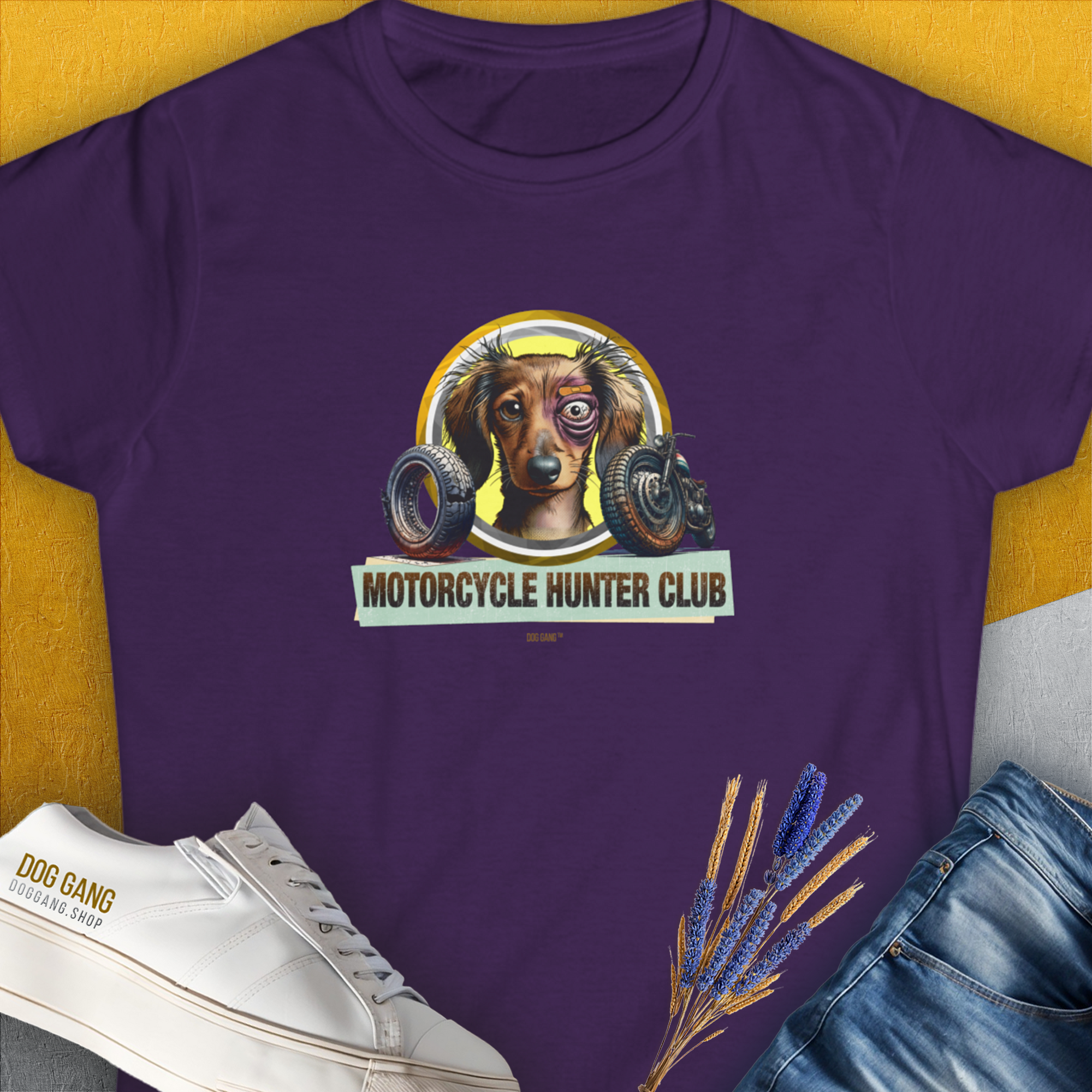 Motorcycle Hunter Club, Volume 5 (Dackel / Dachshund), Women's T-Shirt-Purple, a cool and stylish design with a funny saying from Dog Gang