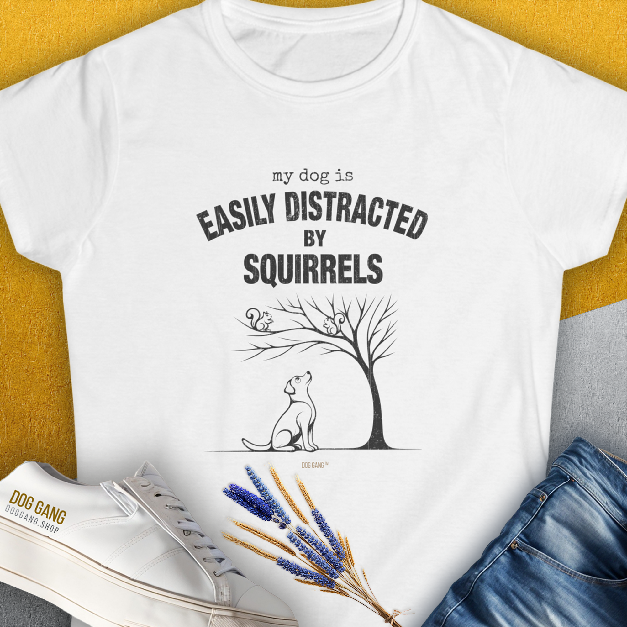 My Dog Is Easily Distracted By - Volume 1: Squirrels, Women's T-Shirt-White. For dog lovers and dog owners. Design by Dog Gang