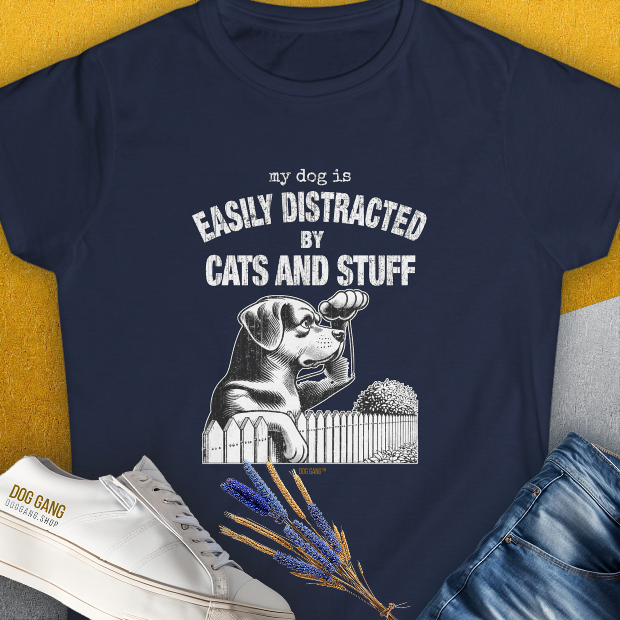 My Dog Is Easily Distracted By - Volume 2: Cats And Stuff, Women's T-Shirt-Navy, a cool and stylish design with a funny saying from Dog Gang