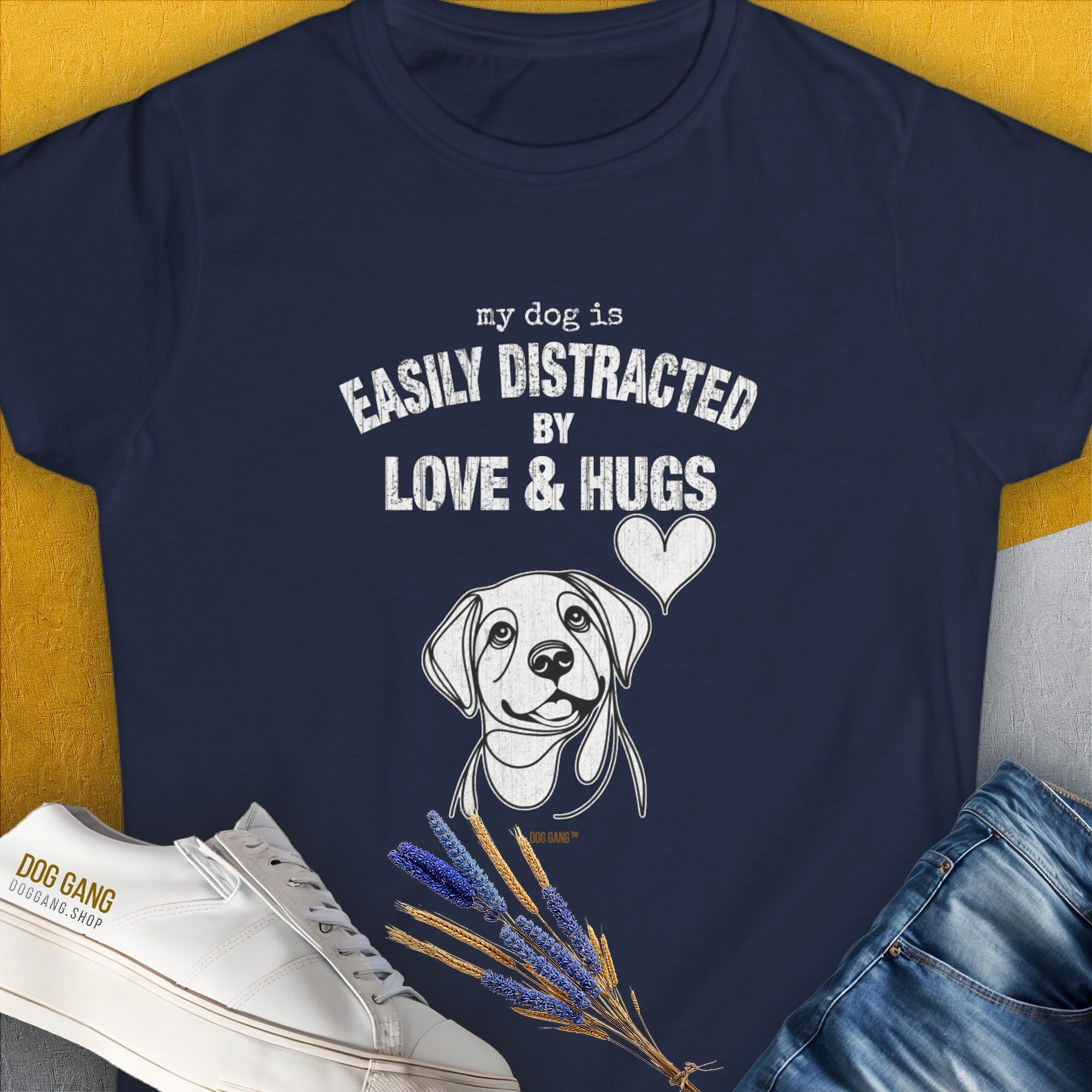 The My Dog Is Easily Distracted By: Love And Hugs T-shirt for women features a funny dog face with the quote, perfect for any dog lover. Designed by Dog Gang.