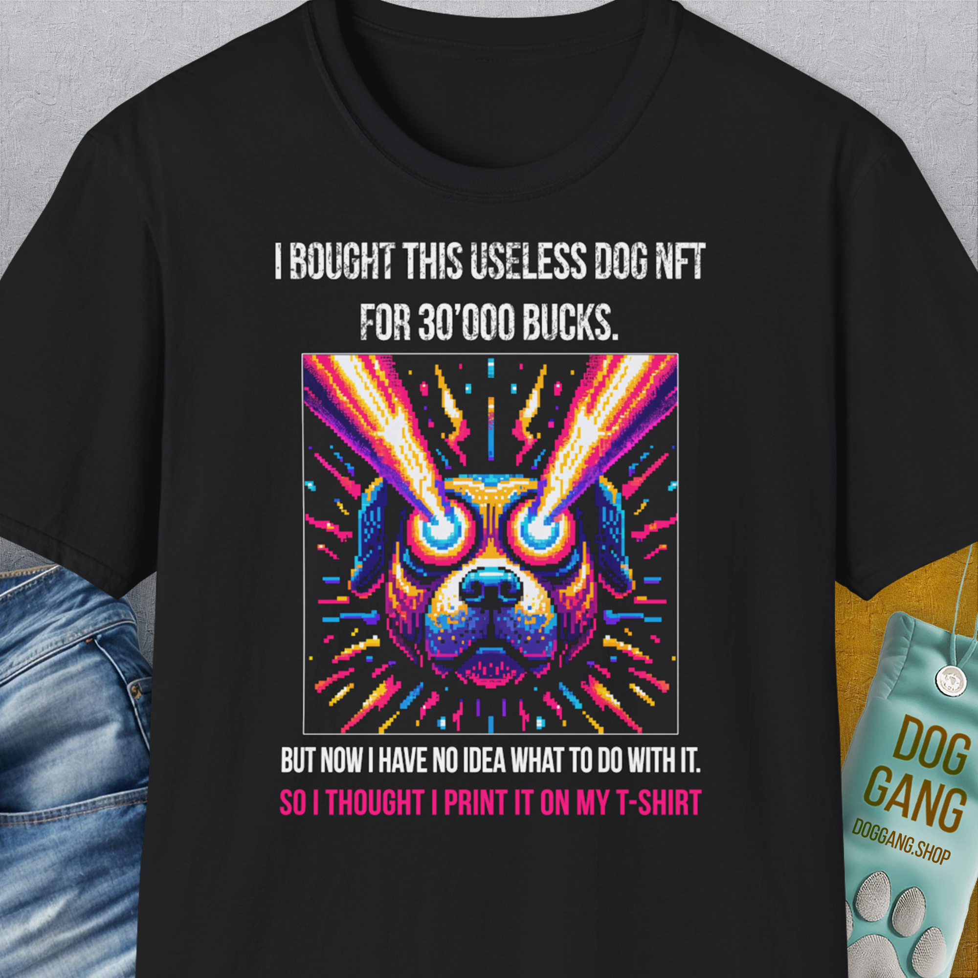 Unisex T-Shirt in black with a vibrant dog NFT for the dog lover, showcasing your passion for digital art. Designed by Dog Gang.