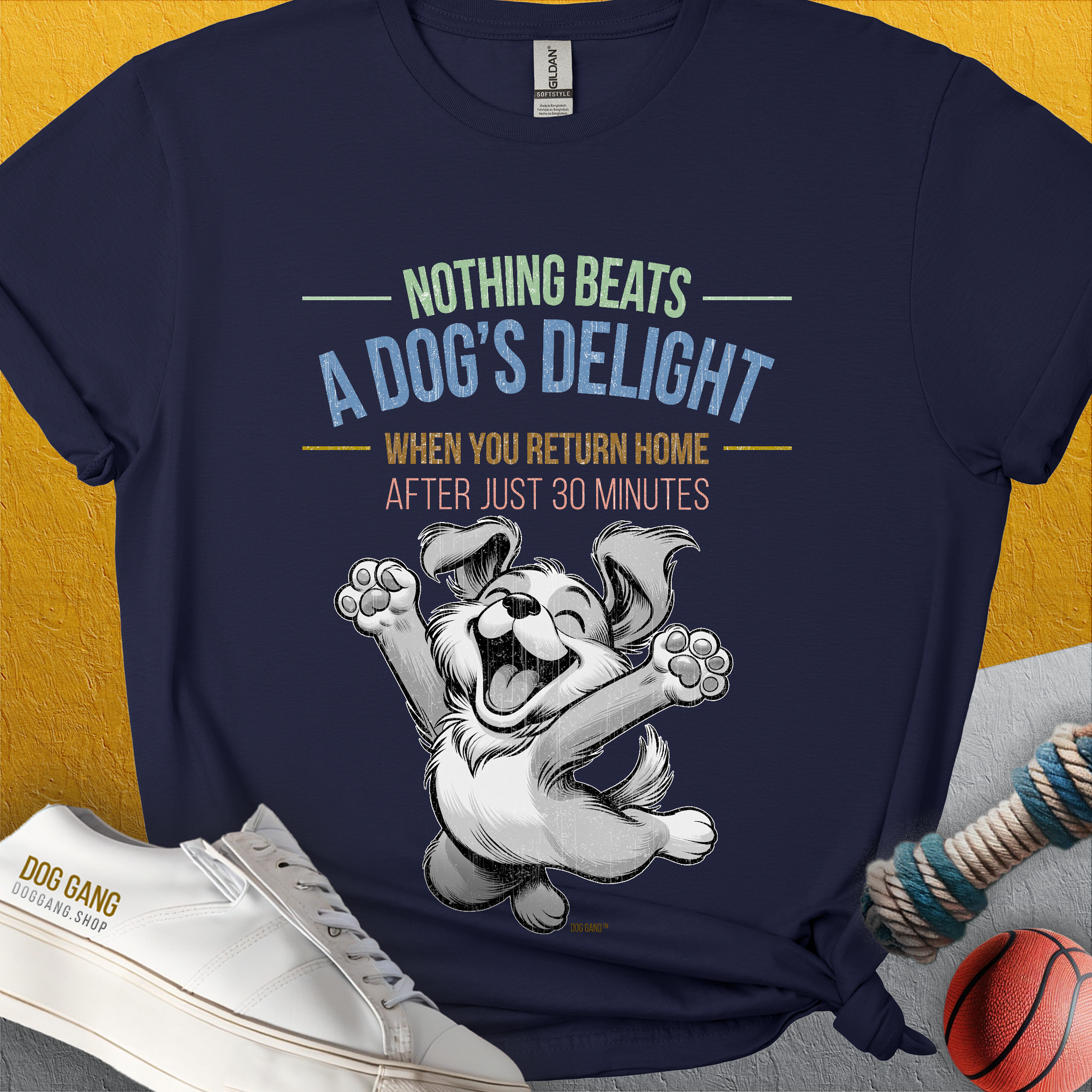 Navy shirt features a very happy joyful cute dog and the quote: Nothing Beats A Dogs Delight When You Return Home after Just 30 Minutes. Any dog lover knows what the saying means! Designed by Dog Gang