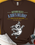 The Nothing Beats A Dogs Delight T-shirt showcases a vintage design with a joyful and very happy cute dog illustration and quote perfect for any dog lover. Designed by Dog Gang.