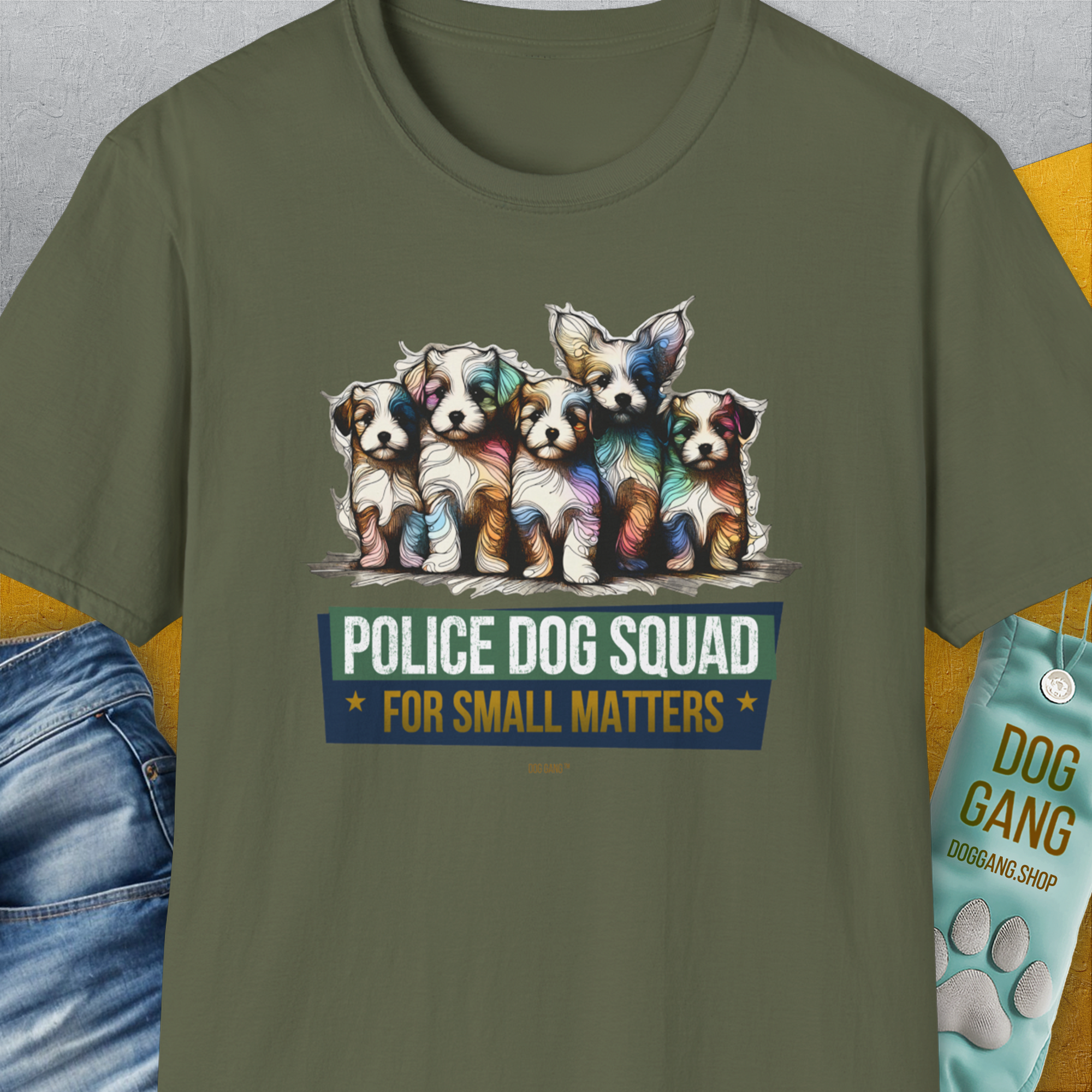 Police Dog Squad For Small Matters, Volume 1, Unisex T-Shirt-Military Green, Design by Dog Gang