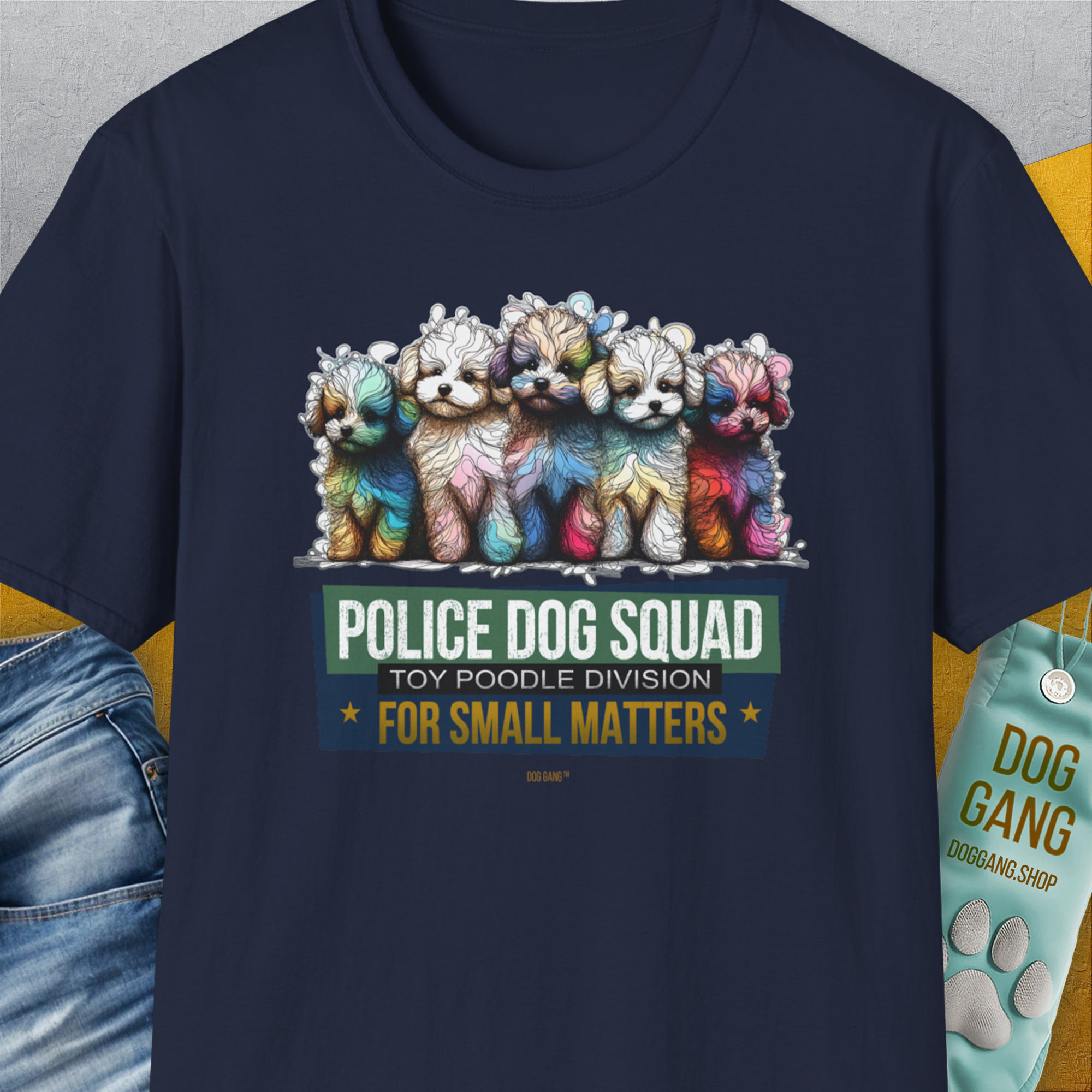 Police Dog Squad For Small Matters (Toy Poodle Division), Volume 2, Unisex T-Shirt-Navy, Design by Dog Gang