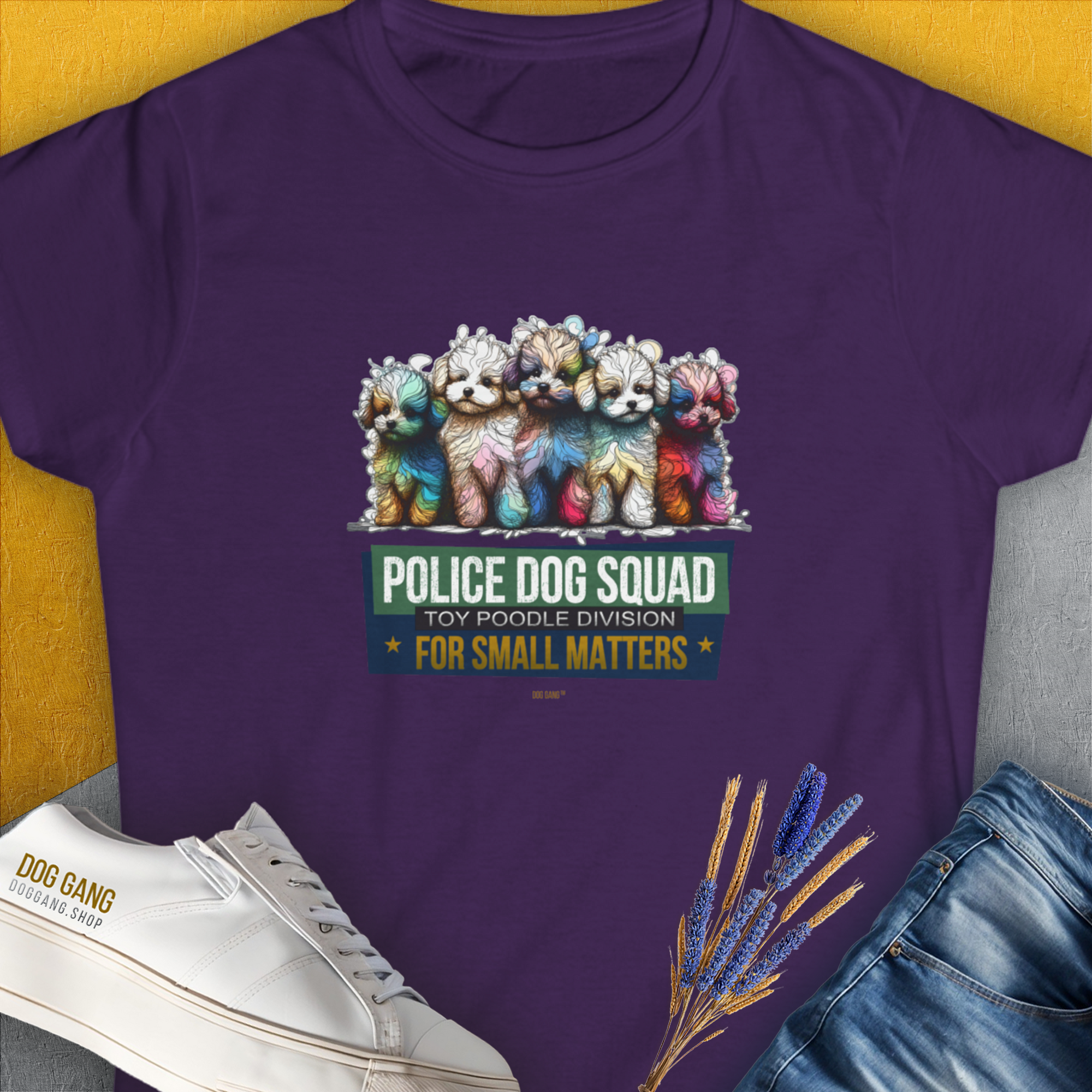 This funny dog shirt features cartoon poodles with the slogan Police Dog Squad For Small Matters (Toy Poodle Division), Volume 2. Designed by Dog Gang.