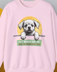 The light pink Say Hi sweatshirt showcases a cute dog design with the phrase, Just wanna say Hi to all the dog lovers out there! Perfect for any dog owner. Designed by Dog Gang.