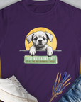 Purple womens T-shirt with a cute dog design and the quote Say Hi in playful lettering, perfect for the dog lover. Designed by Dog Gang.
