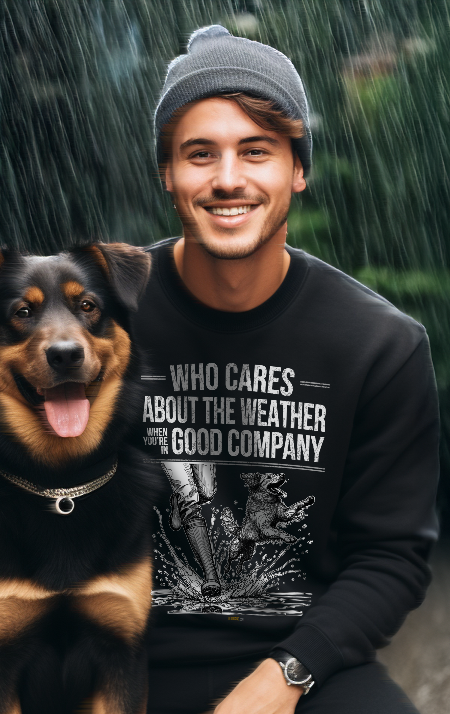 A smiling person wearing a grey beanie and a black sweatshirt with text sits next to a happy dog. The sweatshirt, from designer label DOG GANG, reads, Who cares about the weather when youre in good company. Rain is softly falling in the background.