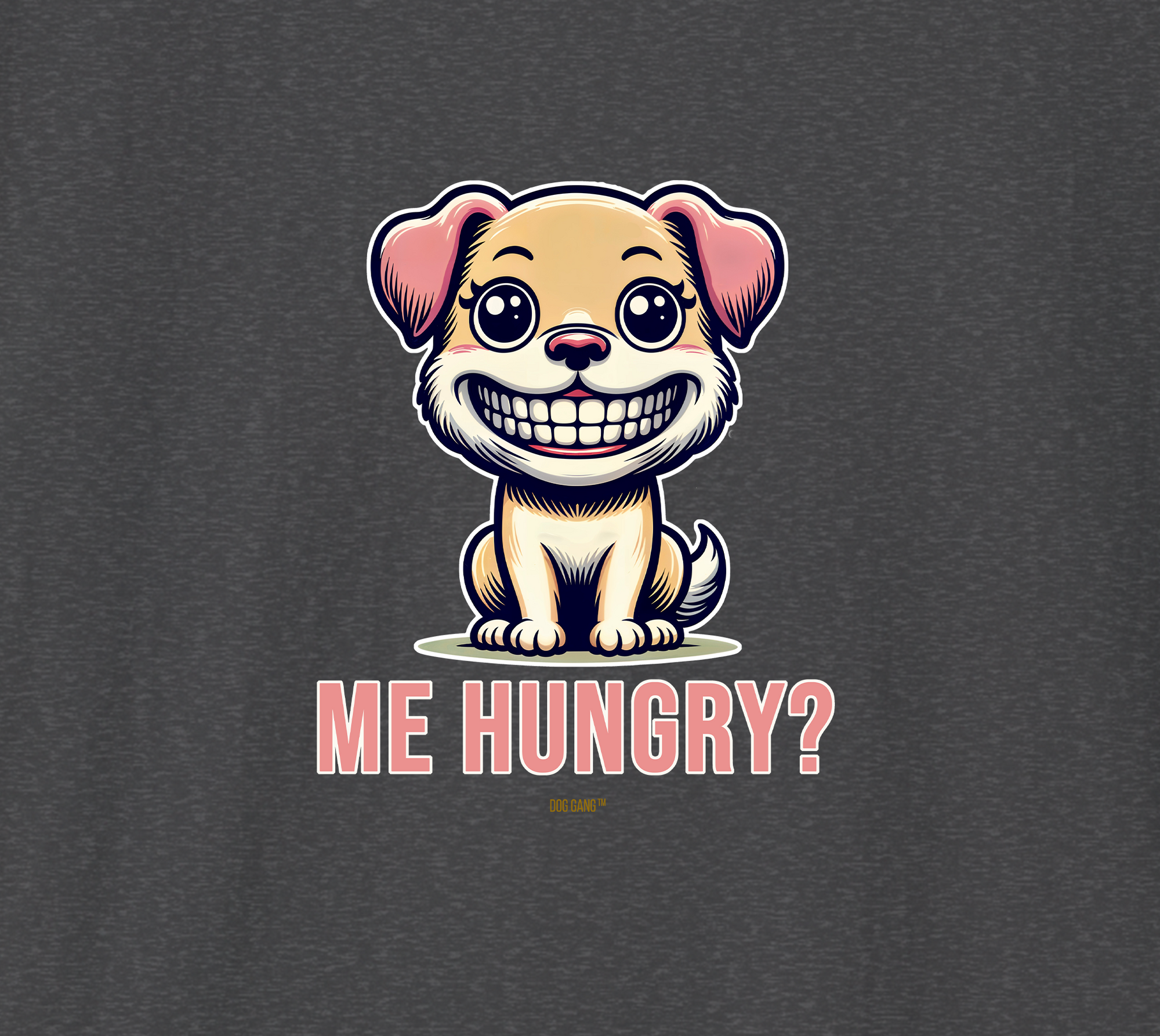 Illustration of a cartoon puppy with a big grin and big eyes. The puppy is sitting on its hind legs. Below the image is the caption "AM I HUNGRY?" in bold pink letters. From the Dog Gang design collection of the same name.