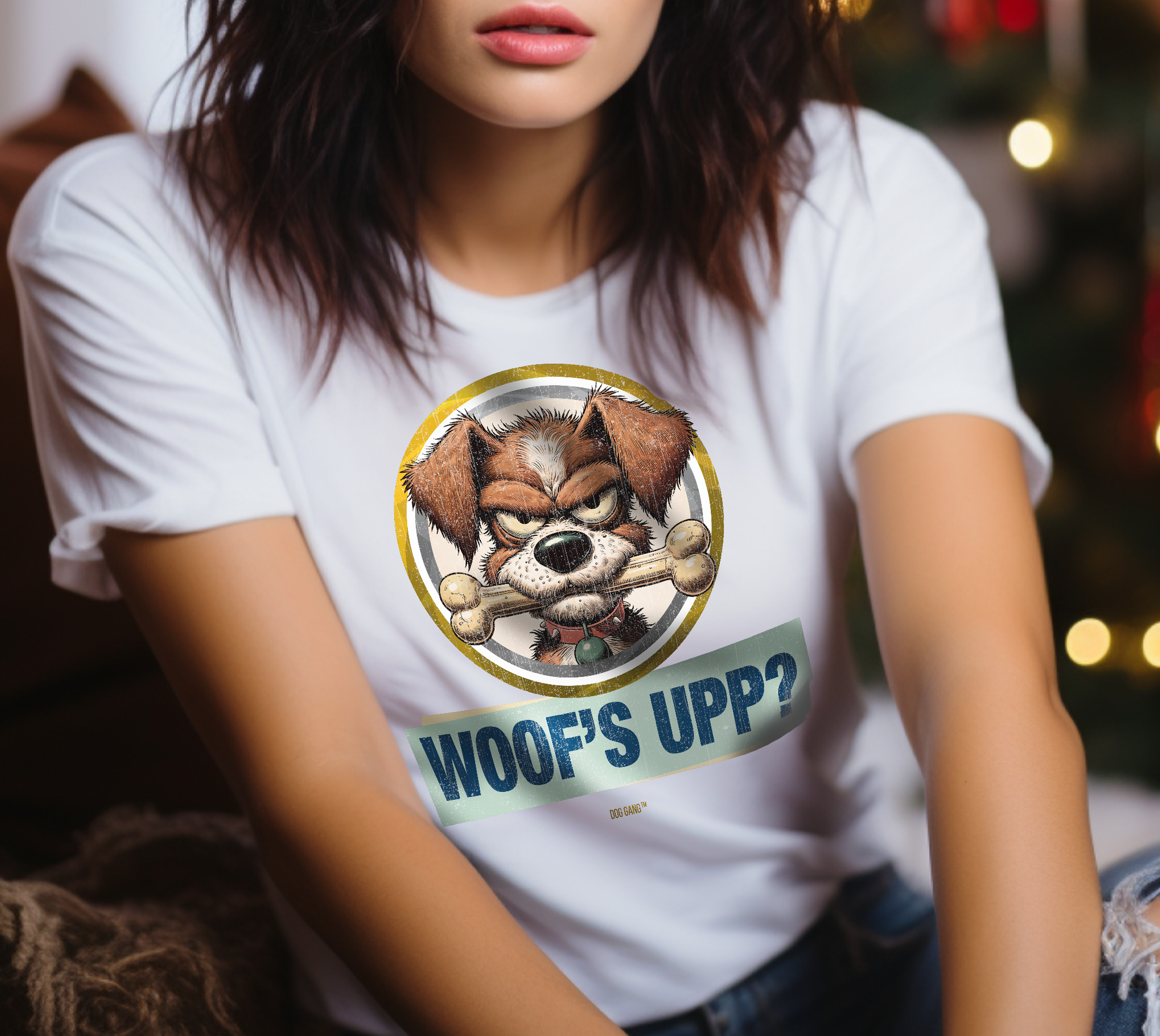 A woman wears a white dog lover T-shirt with an illustration of a funny drawn grim-looking cartoon dog with a dog bone in its mouth and the text "Woofs Upp?" by the Swiss design label DOG GANGA person wearing a white T-shirt with an illustration of an angry cartoon dog and the text Woofs Upp?. The background shows out-of-focus festive lights.