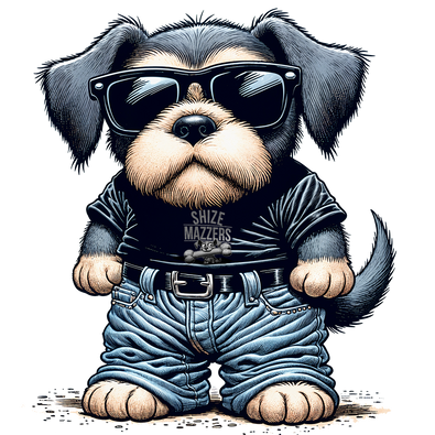A cartoon dog wearing sunglasses, a black t-shirt with the text Shize Mazzers, and blue jeans. The dog has a serious expression and is standing upright. The illustration is detailed and colorful.